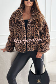 Stylish Leopard Print Lapel Long Sleeve Short Coat