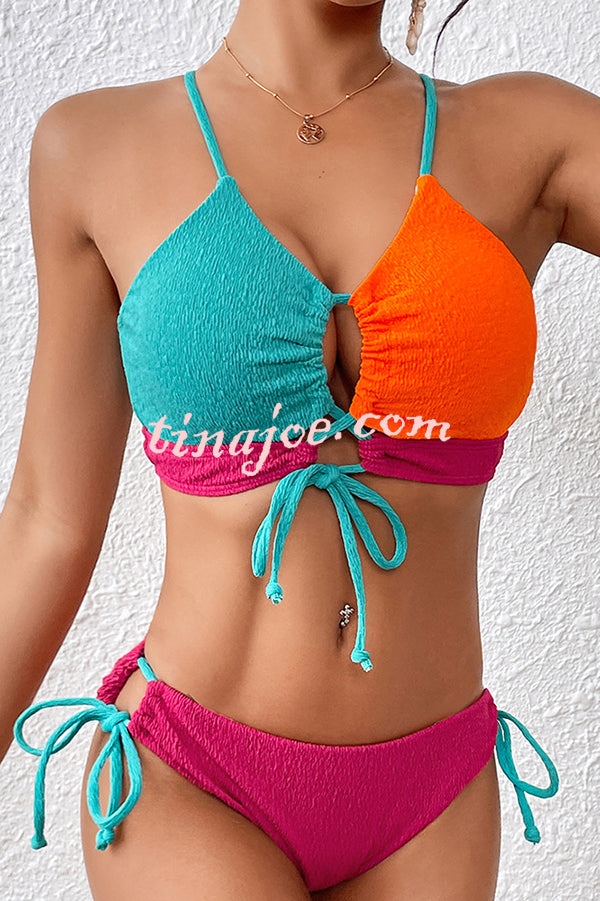 Fashion Contrast Color Sexy Cross Strap Stretch Two Piece Bikini Swimsuit