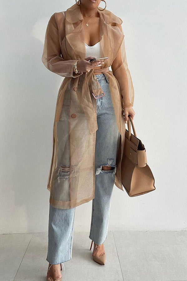 Solid Color Patchwork Button Belt Pocket Long Sleeve Coat