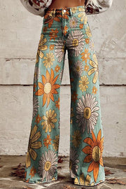 Casual Floral Print Button Pocket Wide Leg Pants