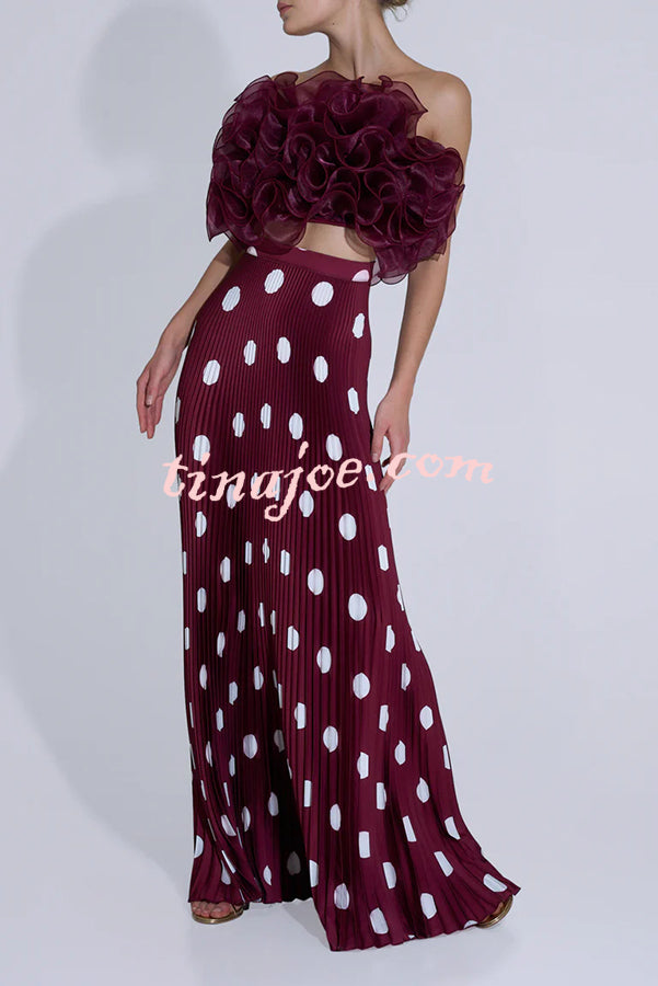 Eye-catching Satin Pleated Poka Dot Print High Rise Drape Maxi Skirt