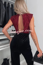 Perfect Party Style Sequin Velvet Patchwork Backless Flare Stretch Jumpsuit