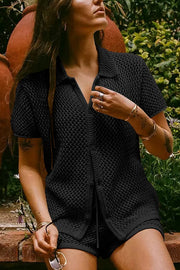 Fashionable Hollow Short-sleeved Casual Top and Elastic Waist Drawstring Shorts Set