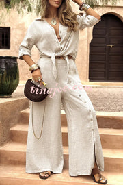 Solid Color Lapel Casual Button-down Shirt and Loose Pocket Slit Wide-leg Pants Set