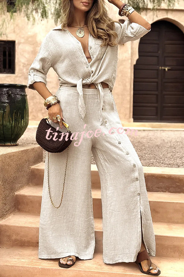Solid Color Lapel Casual Button-down Shirt and Loose Pocket Slit Wide-leg Pants Set
