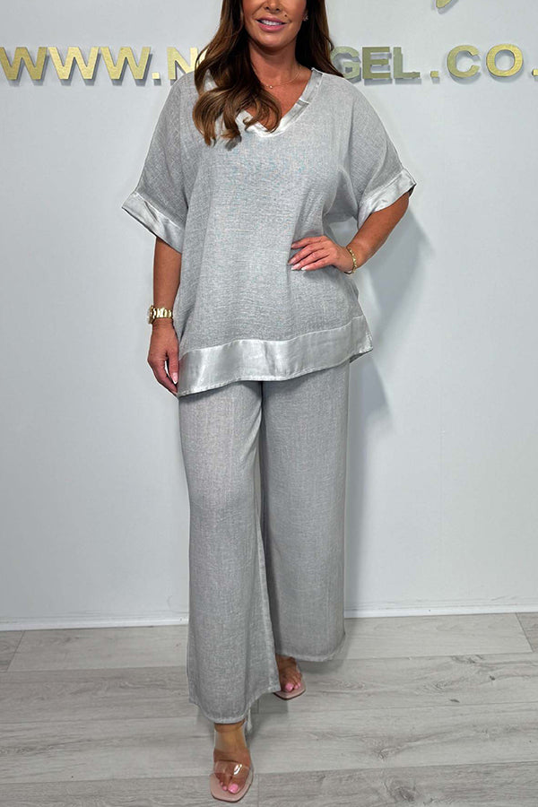 Fashionable V-neck Short-sleeved Loose Top and Elastic Waist Casual Wide-leg Pants Set