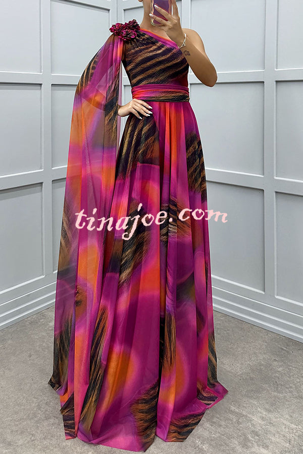 Lucia Unique Print Floral Detail One Shoulder Draped Sleeve Gown Maxi Dress