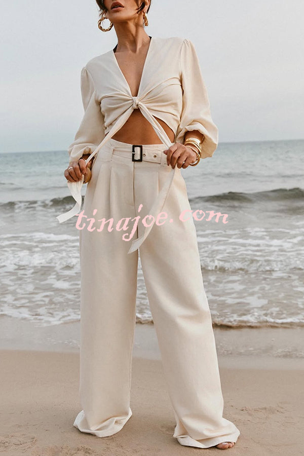 Lets Go Out Linen Blend Balloon Sleeve Wrap Tie-up Loose Top