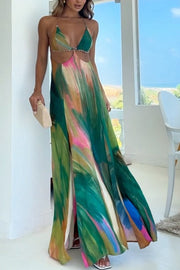 Andie Splash Ink Printed Cutout Back Tie-up Slit Vacation Maxi Dress