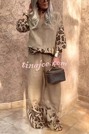Leopard Print Crew Neck Loose Top and Elastic Waist Casual Wide-leg Pants Set