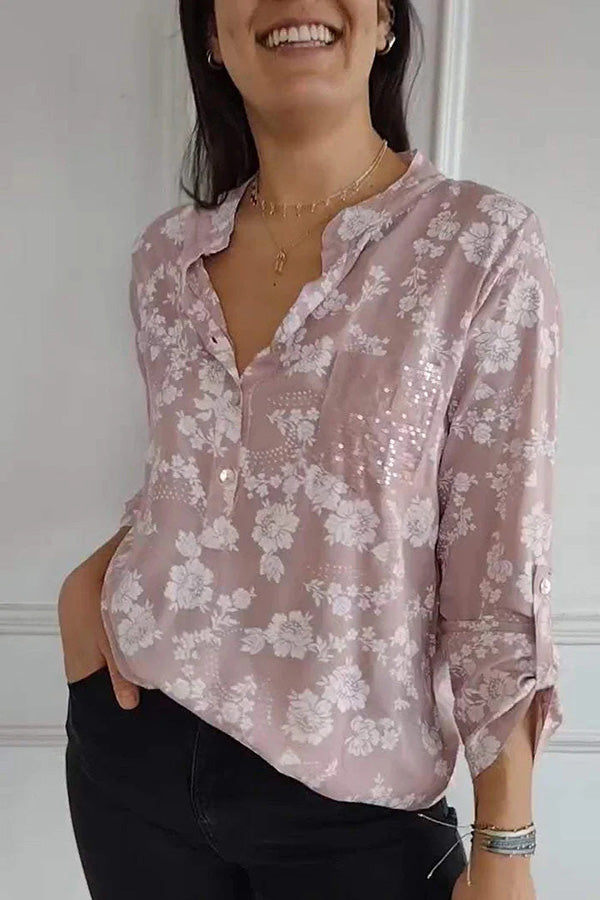 Floral Print V-neck Buttoned Sequin Pocket Casual Shirt