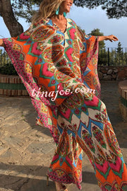 Colorful Day Unique Print Loose Cape and Elastic Waist Pocketed Pants Set