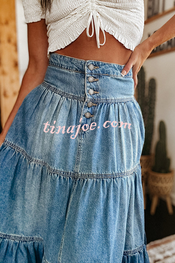 Bohemian High Rise Button Up Loose Denim Pocket Maxi Skirt