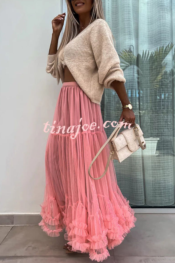 Elegant Tulle Stretch Waist Paneled Pleated Maxi Skirt