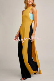 Fashionable Contrast Color Stitching Sleeveless Slim Maxi Dress