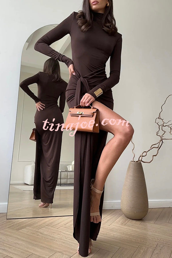 Luxe Silhouette High Neck Shoulder Pads Drape Stretch Maxi Dress