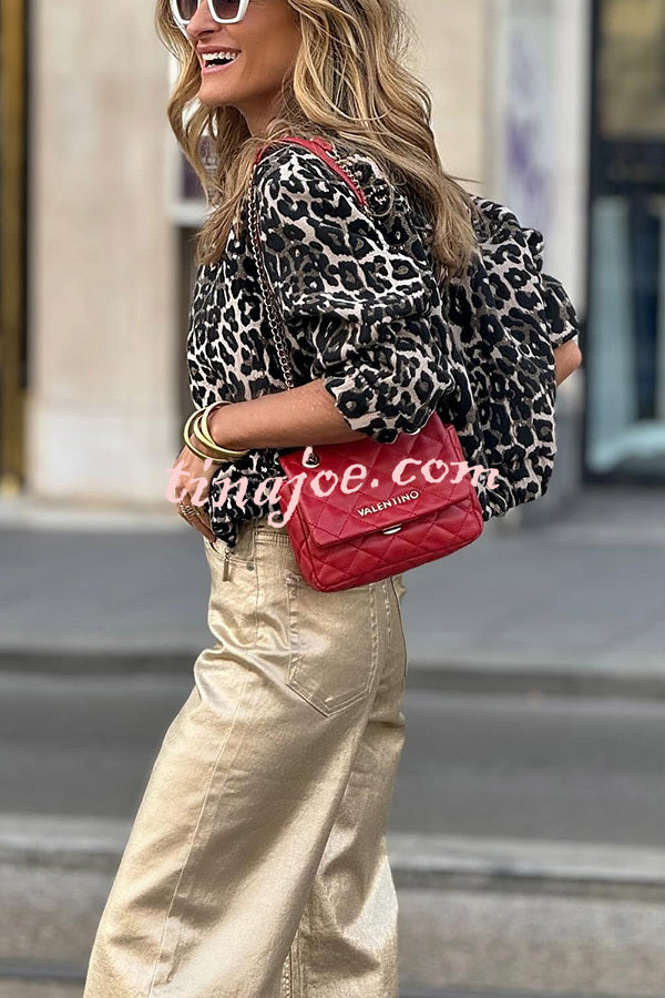 Fashionable Lifestyle Leopard Print Long Sleeve Pocket Bomber Jacket