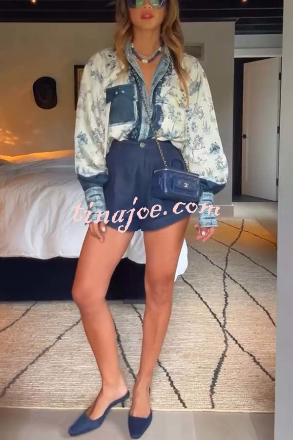 Bohemian Elegant Satin Contrast Color Unique Print Button Up Pocket Loose Blouse
