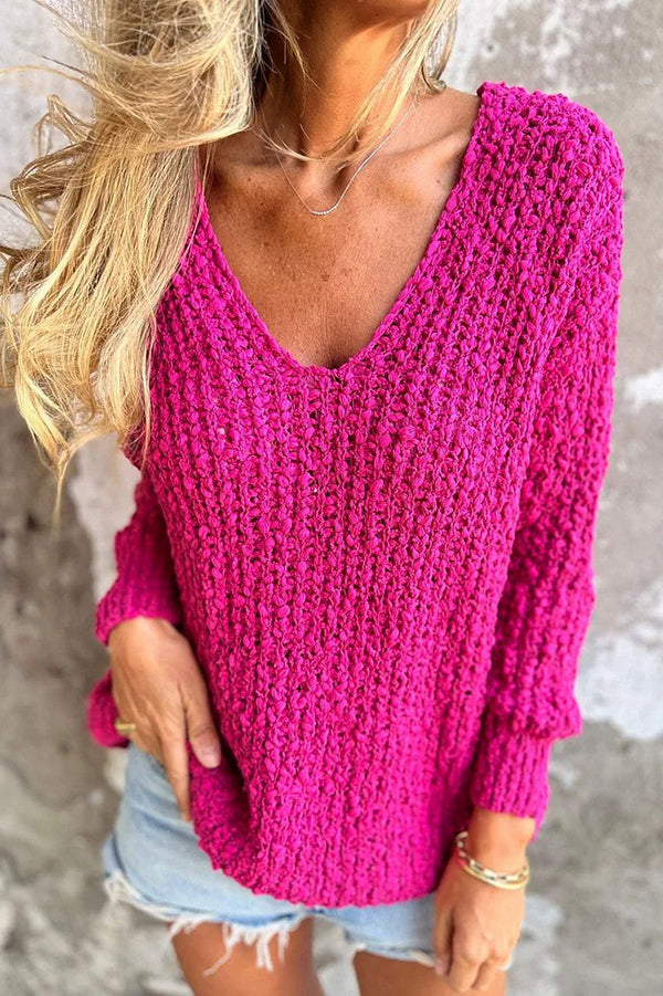 Solid Color V-neck Long-sleeved Loose Knitted Sweater