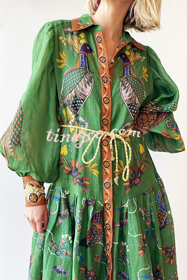 Special Moment Heaven Bird Print Balloon Sleeve Shirt Midi Dress