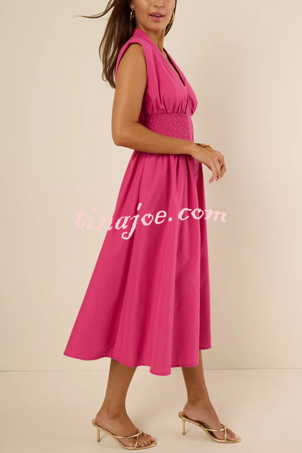 Workdays or Weekends Front Zipper Smocked Waist Pocket Loose Midi Dress