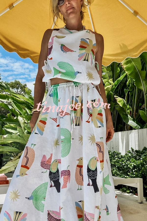 Island Paradise Linen Blend Unique Print Tie-up Slit Tank and Elastic Waist Pocketed Maxi Skirt Set