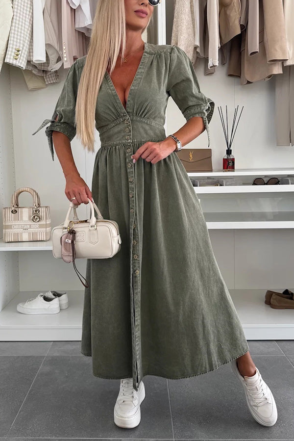 Solid Color V-neck Button-down Denim Midi Dress