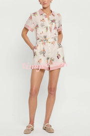 Plant Print Lapel Short Sleeves Loose Pocket Waist Tie Casual Rompers
