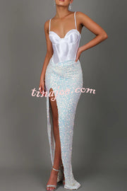 All about Glam Satin Corset Sequin Twist High Leg Split Maxi Dress