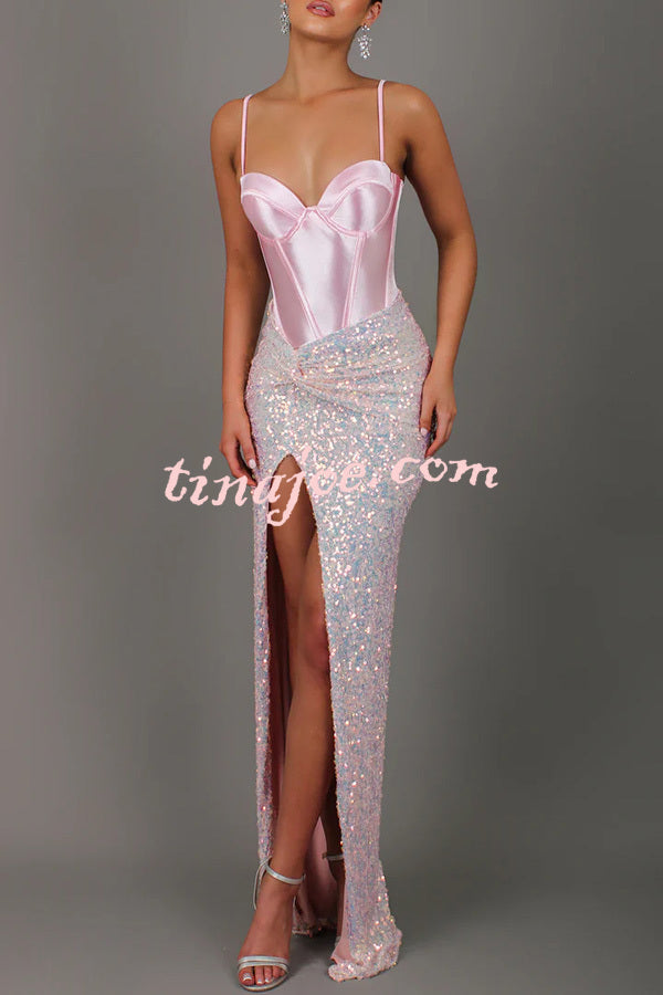 All about Glam Satin Corset Sequin Twist High Leg Split Maxi Dress