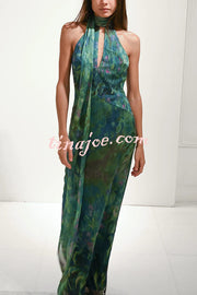 Monet Garden Art Print Turtleneck Cutout Backless Scarf Maxi Dress