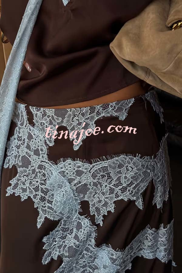 Sunday Social Contrast Color Satin Lace Trim Mid Rise Maxi Skirt