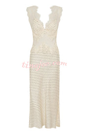 Wonderful Fusion Satin Lace Trim Poka Dot V-neck Drape Maxi Dress