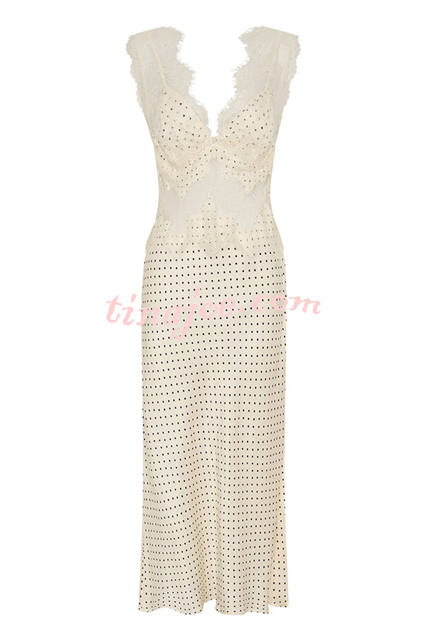 Wonderful Fusion Satin Lace Trim Poka Dot V-neck Drape Maxi Dress