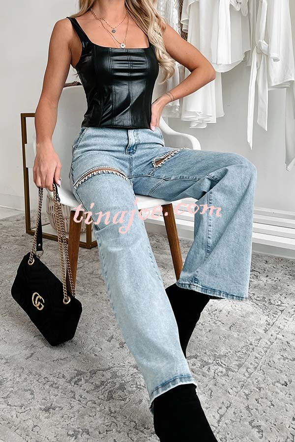 Blowing Your Mind Slit-Front Wide Leg Pocket Rhinestone Jeans