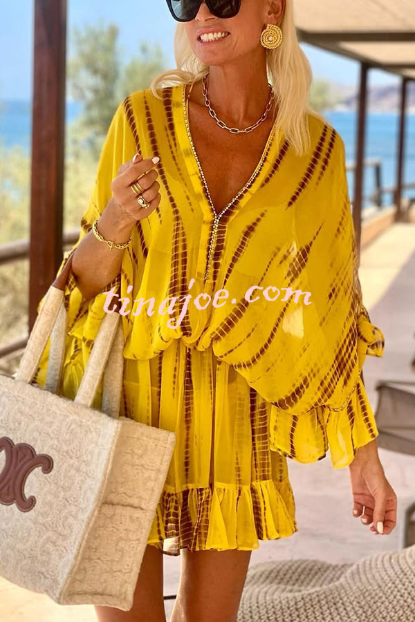 Lemon Flavor Tie Dye Ruffle Batwing Sleeve Elastic Waist Kaftan Mini Dress