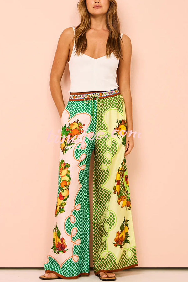 Enjoy Summer Lemon Satin Unique Print Elastic Waist Pocketed Wide Leg Pants