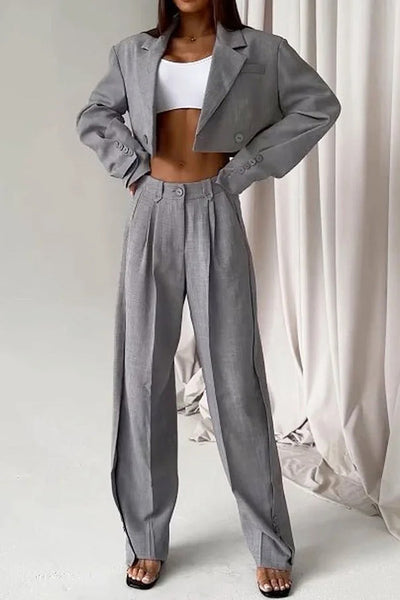 Solid Color Lapel Cropped Blazer and Pocket Straight-leg Pants Set