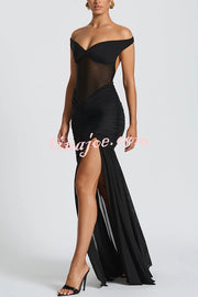 Raise The Level Mesh Off Shoulder Ruched Scarf Stretch Maxi Dress
