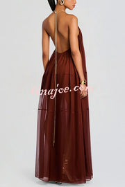 Flowing Lightweight Chiffon Chain Halter Neck Detail Backless A-line Maxi Dress
