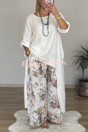 Linen Blend Crew Neck Long Sleeve Irregular Loose Top and Elastic Waist Floral Print Casual Pocket Set