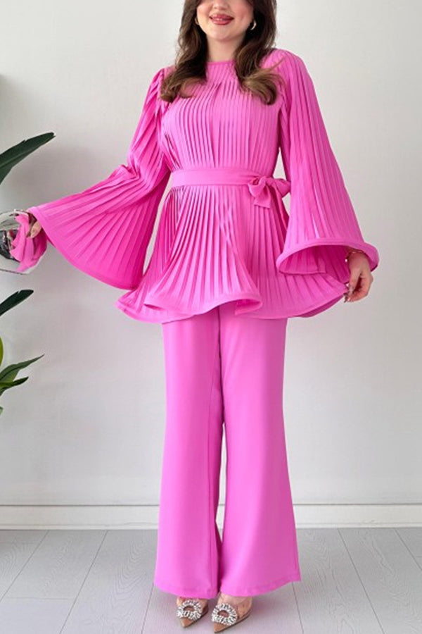 Solid Color Round Neck Flared Sleeve Pleated Tie Waist Top and Elastic Waist Casual Straight Pants Set