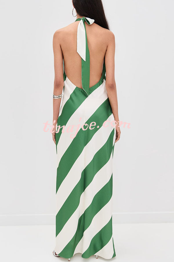 Most Dreamy Stripe Print Halter Tie-up Backless Pocket Loose Maxi Dress