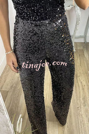 Glitzy Glamour Sequin High Rise Elastic Waist Wide Leg Pants