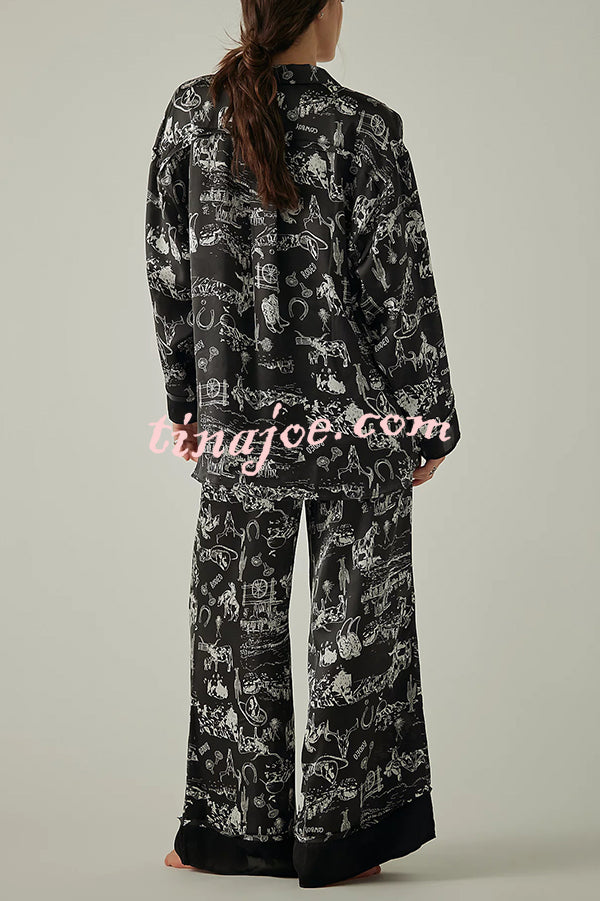 Unique Printed Lounge Long-sleeved Shirt and Elastic Waisted Baggy Pants Set