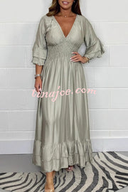 Solid Satin V-Neck Ruffle Sleeve Pleated Waist Maxi Dress