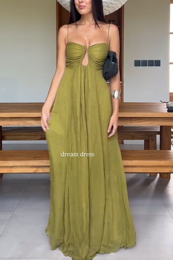 Soft and Elegant Metal Hollow Design Back Smocked A-line Slip Maxi Dress