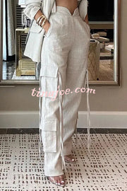 Stylish Lapel Long Sleeve Loose Jacket and Casual Pocket Lace-up Straight Leg Pants Set