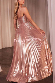 Make A Toast Metallic Fabric Cross Neck Cutout Slit Pleated Maxi Dress