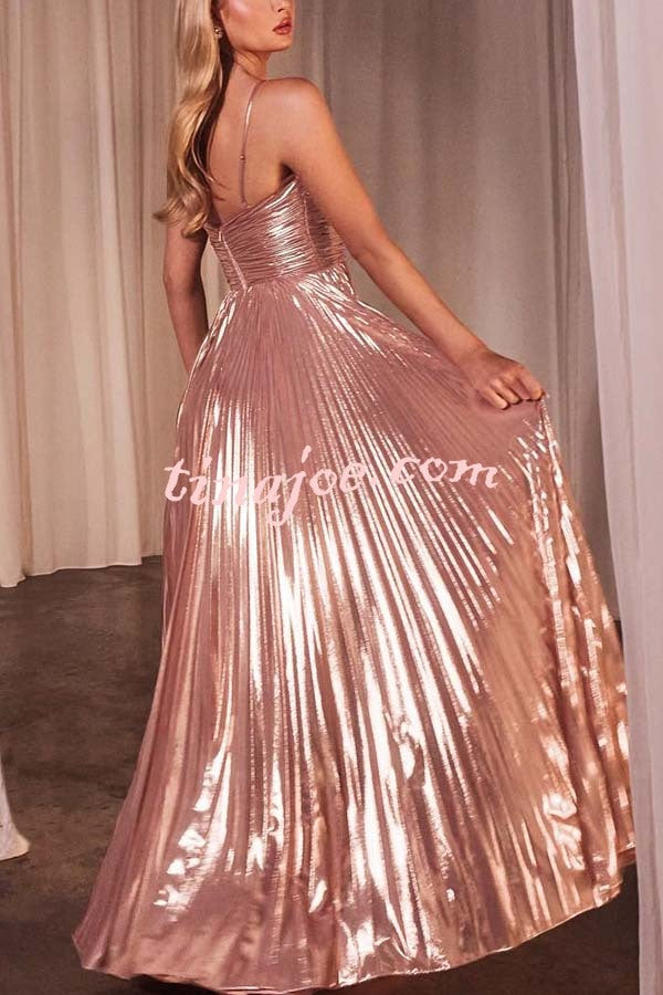 Make A Toast Metallic Fabric Cross Neck Cutout Slit Pleated Maxi Dress